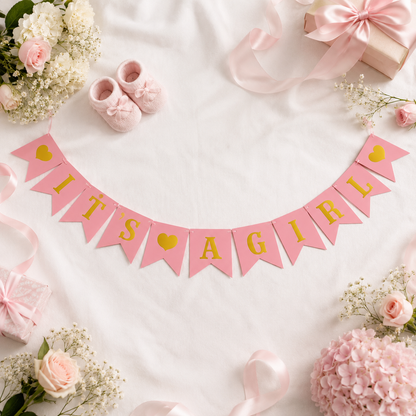 It’s A Girl Pink & Gold Banner, Baby Welcome Bunting Banner