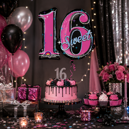 Sweet 16 Sparkle Holographic Shape Balloon (Pink)