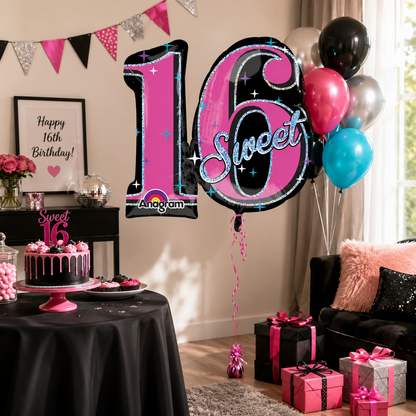 Sweet 16 Sparkle Holographic Shape Balloon (Pink)