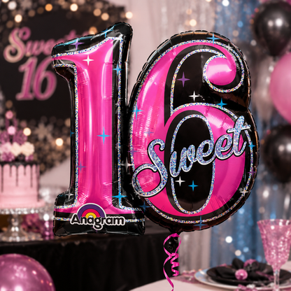Sweet 16 Sparkle Holographic Shape Balloon (Pink)