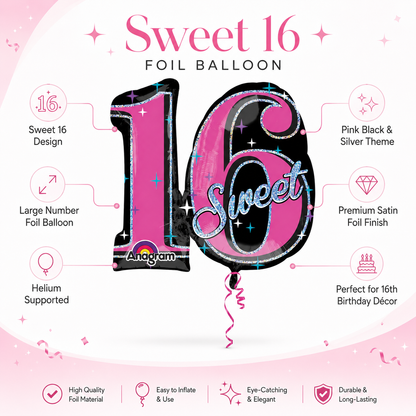 Sweet 16 Sparkle Holographic Shape Balloon (Pink)