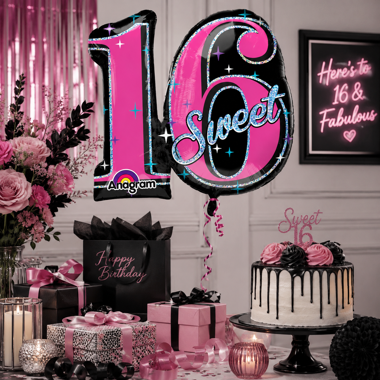 Sweet 16 Sparkle Holographic Shape Balloon (Pink)