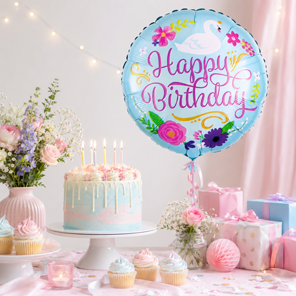 18" Happy Birthday Floral Swan Balloon