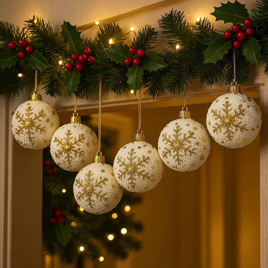 Christmas Glitter White Balls with Golden Snowflakes - 6PC