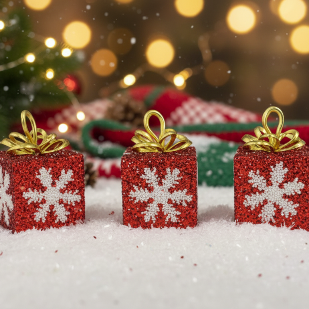 Christmas Gift Box with Red Glitter & Snowflakes - Set of 3
