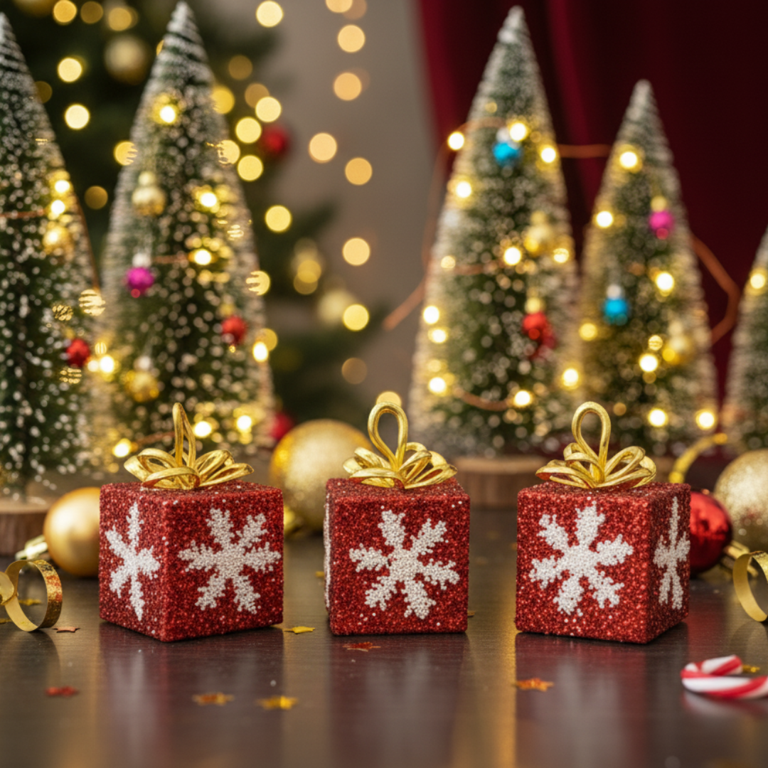 Christmas Gift Box with Red Glitter & Snowflakes - Set of 3