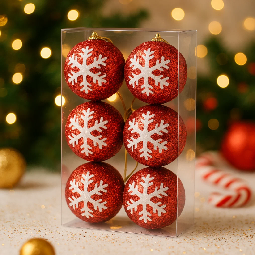 Christmas Red Glitter Balls with White Snowflakes - 6PC