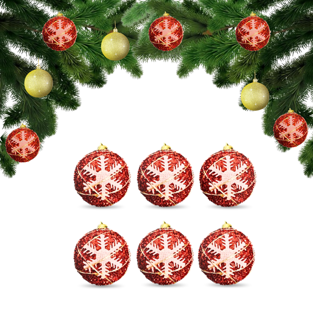 Christmas Red Glitter Balls with White Snowflakes - 6PC