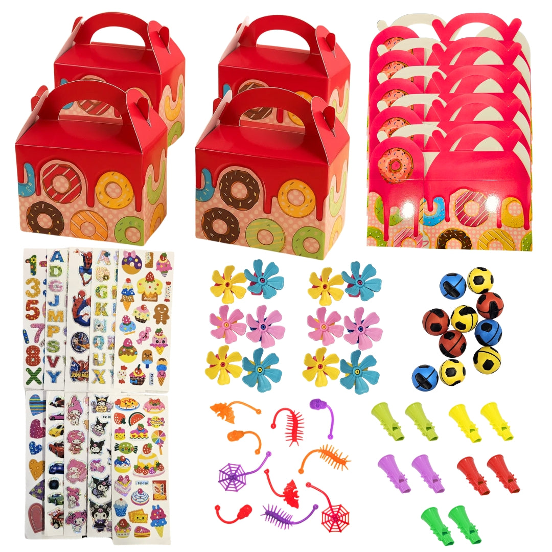 Donut Theme Treat Boxes with Mixed Return Gift Favors Combo Pack - 60PC