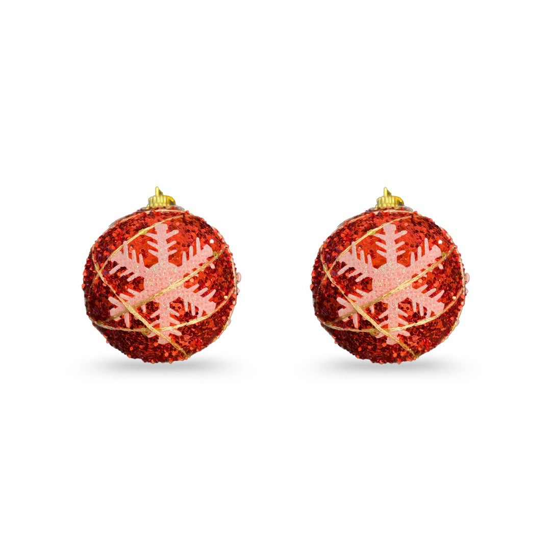 Christmas Tree Ornaments Red Ball with Snow Flakes - Set of 2