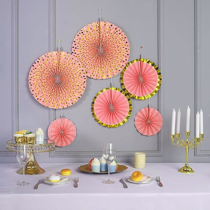 Designer Rose Gold Paper Fans Set - 6PC