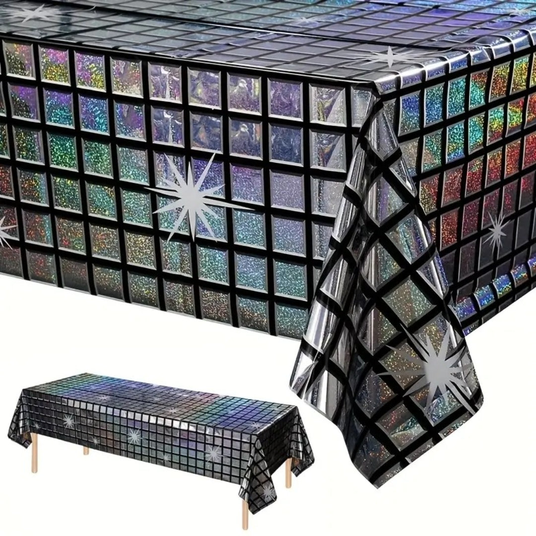 Disco Ball Print Silver & Black Tablecover - 9FT x 3.5FT - 1PC