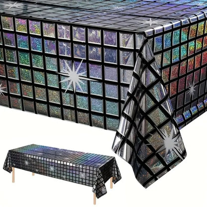 Disco Ball Print Silver & Black Tablecover - 9FT x 3.5FT - 1PC
