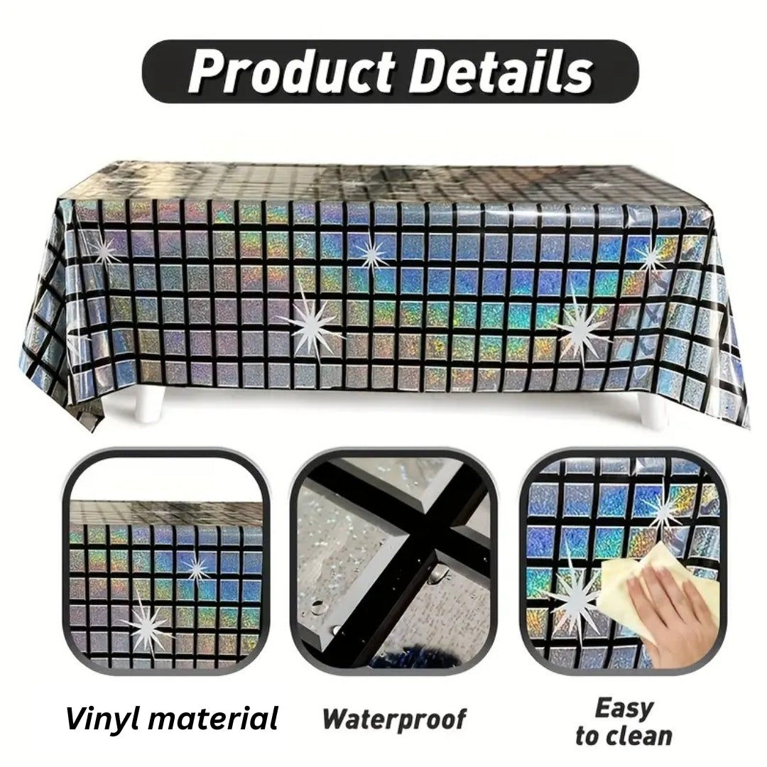 Disco Ball Print Silver & Black Tablecover - 9FT x 3.5FT - 1PC