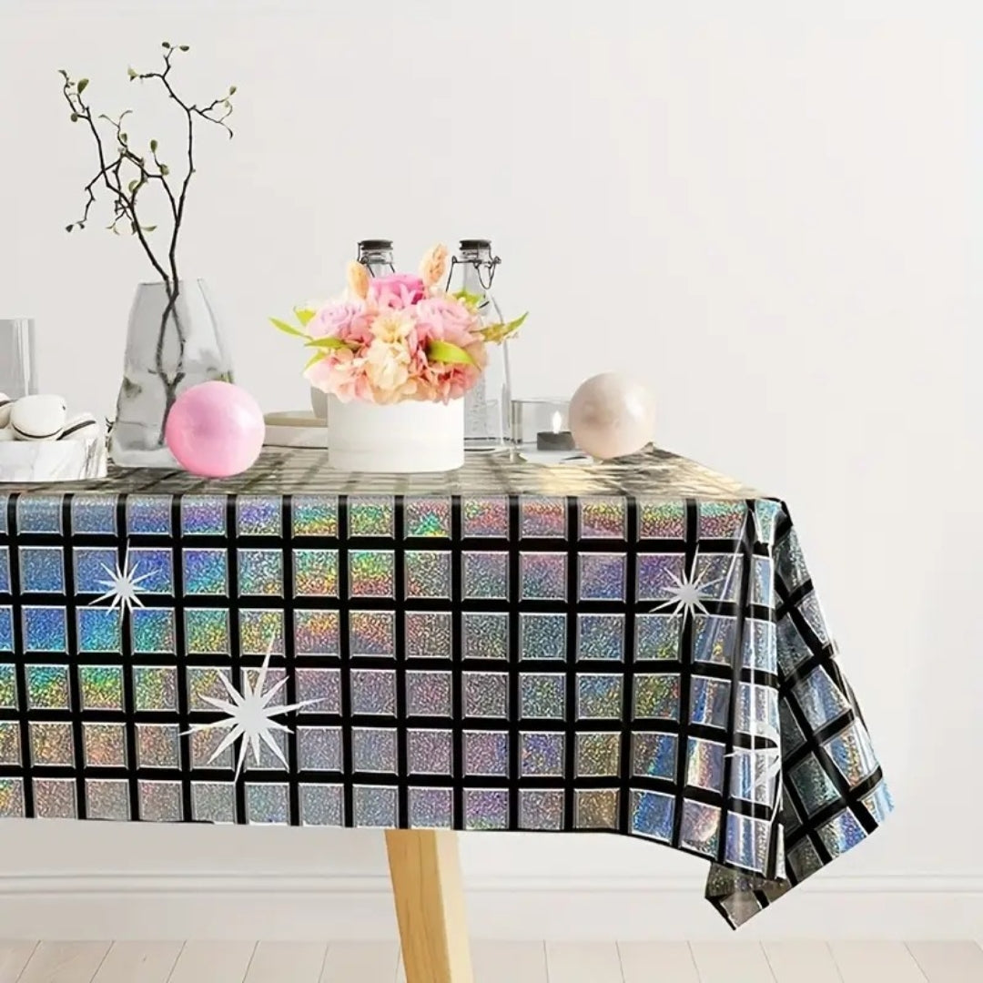 Disco Ball Print Silver & Black Tablecover - 9FT x 3.5FT - 1PC