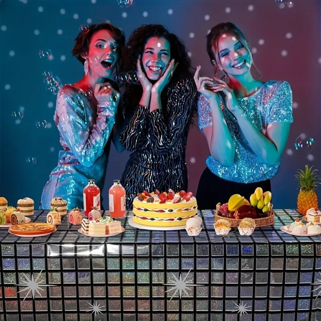 Disco Ball Print Silver & Black Tablecover - 9FT x 3.5FT - 1PC