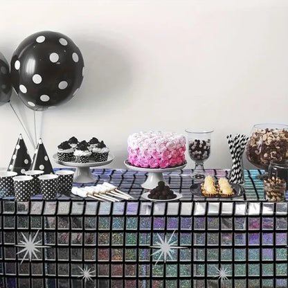 Disco Ball Print Silver & Black Tablecover - 9FT x 3.5FT - 1PC