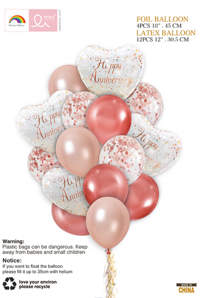 Happy Anniversary Ballloon Set in Rose Gold - 16PC