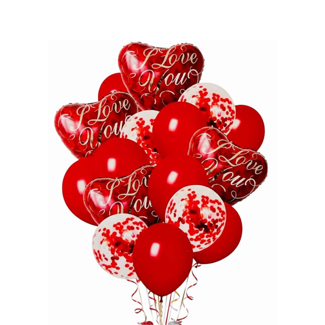I Love You Heart Shaped Foil Balloon with Confetti Balloons Set - Pack of 16