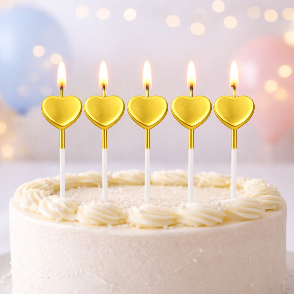 Glossy Golden Heart Shape Candle on Stick - 5PC