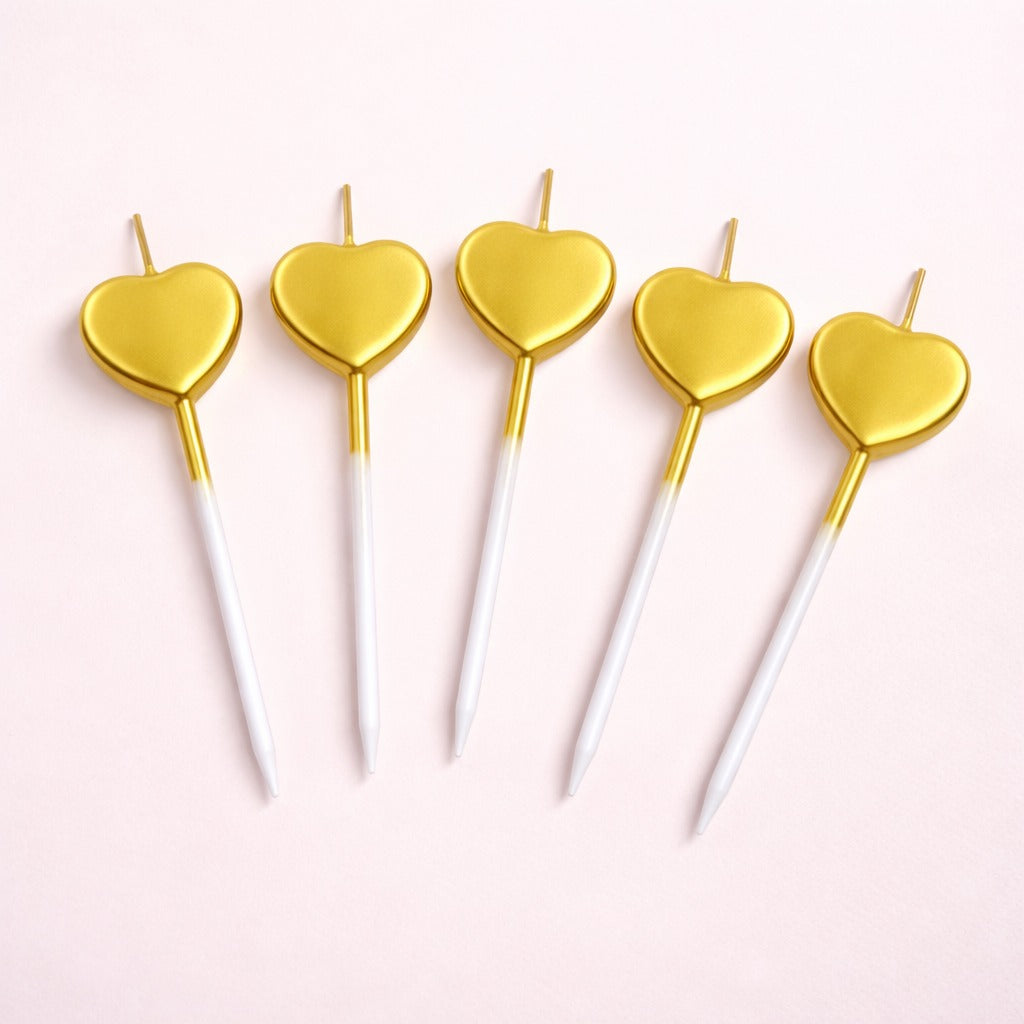 Glossy Golden Heart Shape Candle on Stick - 5PC
