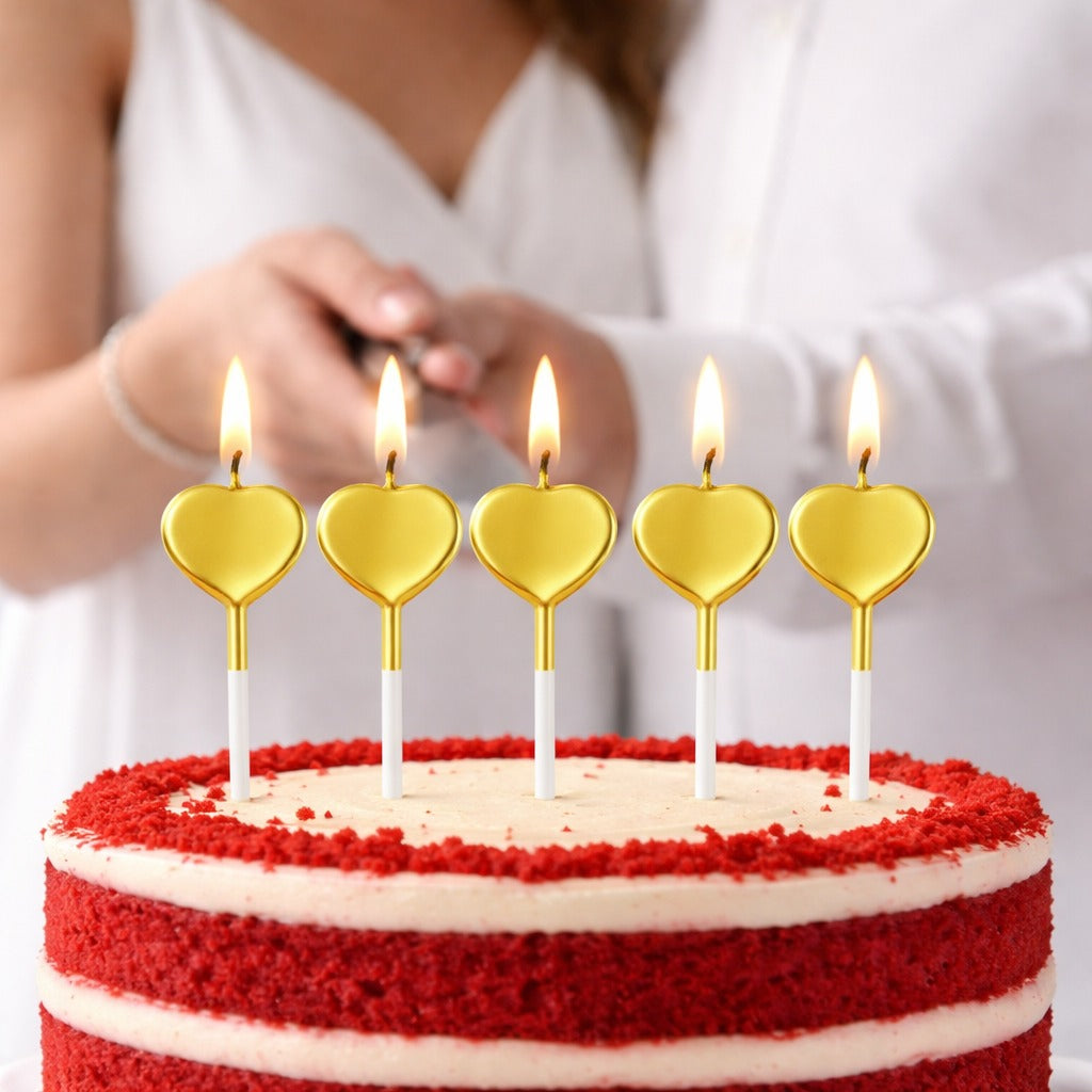 Glossy Golden Heart Shape Candle on Stick - 5PC