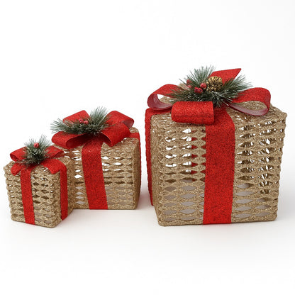 Glitter Wired Boxes with Red Bow for Christmas Decoration - Set of 3