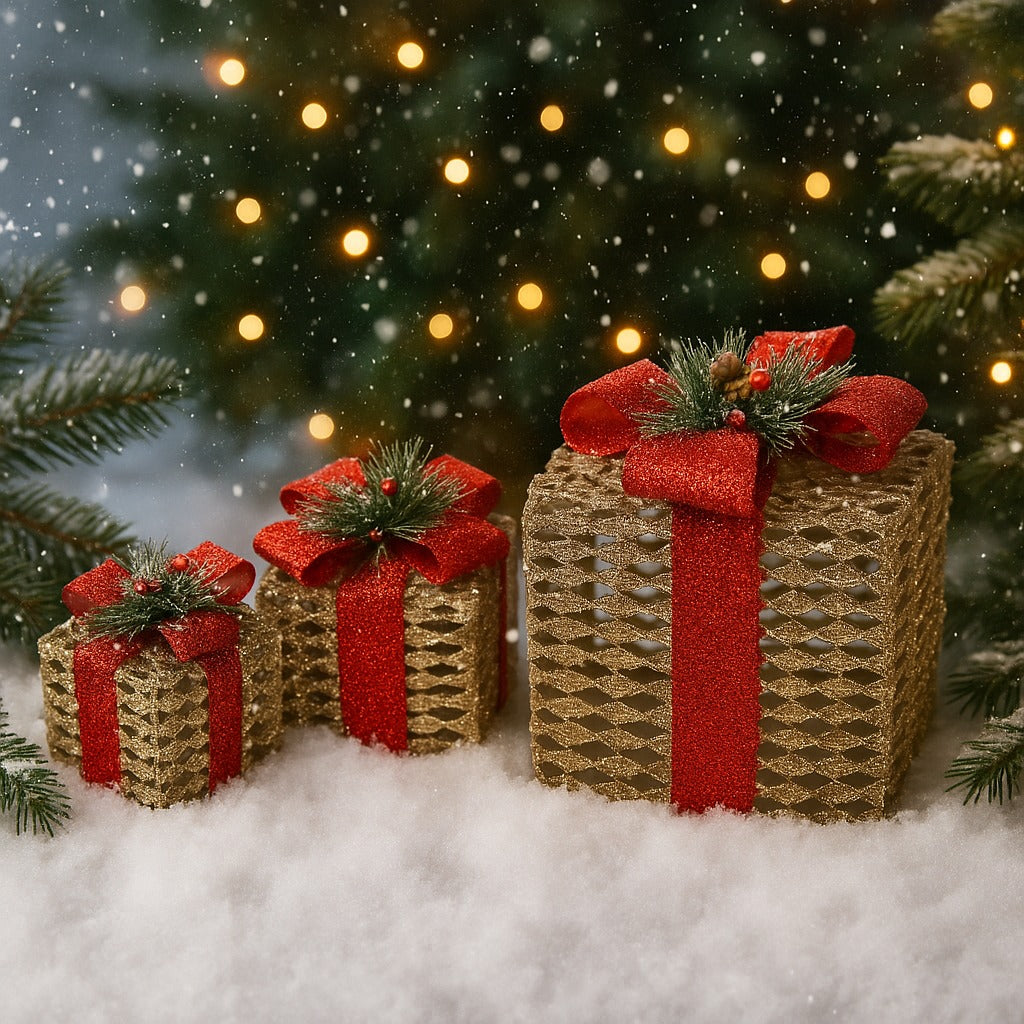 Glitter Wired Boxes with Red Bow for Christmas Decoration - Set of 3