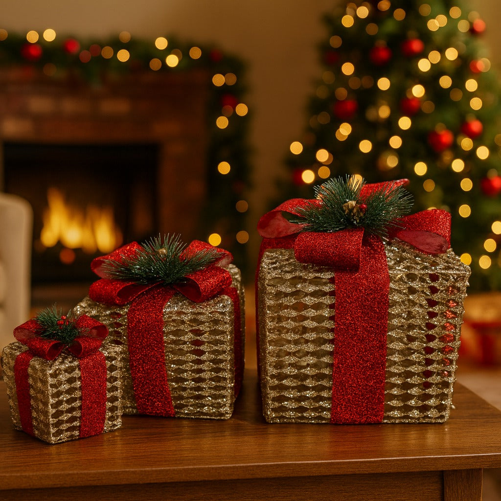 Glitter Wired Boxes with Red Bow for Christmas Decoration - Set of 3