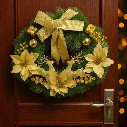 Christmas Wreath Golden w/Reindeer, Cherries, Bells & Bows 18"