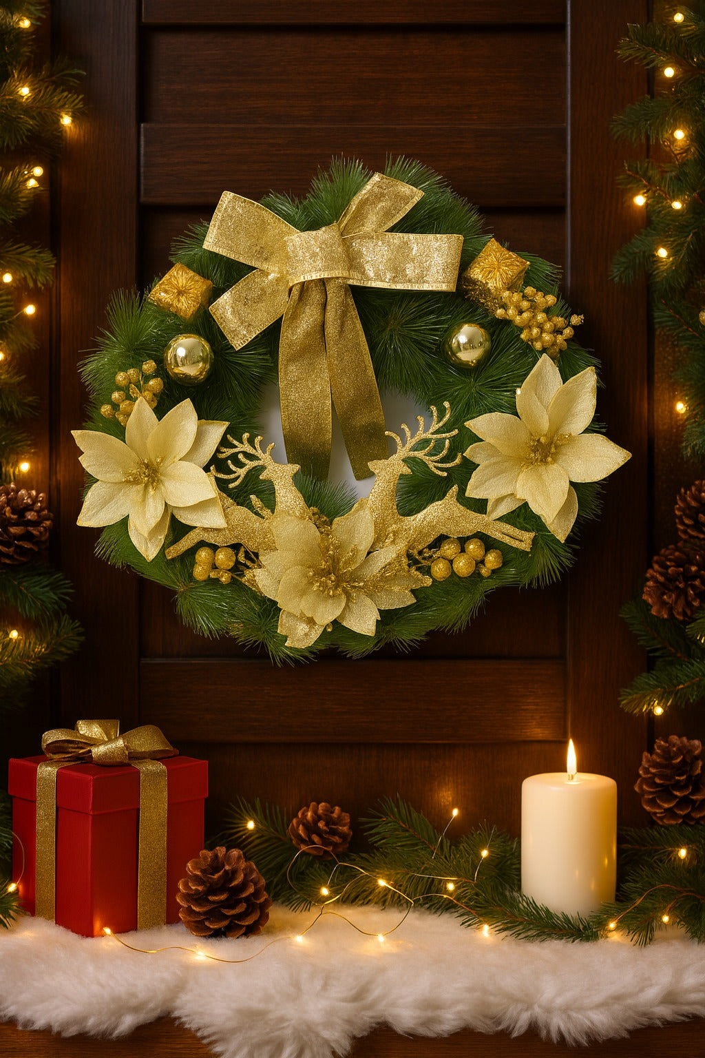 Christmas Wreath Golden w/Reindeer, Cherries, Bells & Bows 18"