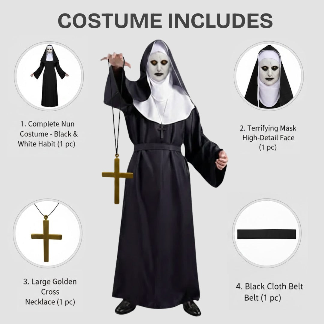 Conjuring Nun Costume Adult Large w/ Waist Belt and Latex Mask - Size XL