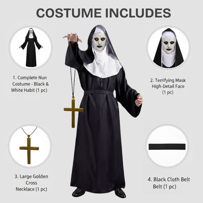 Conjuring Nun Costume Adult Large w/ Waist Belt and Latex Mask - Size XL