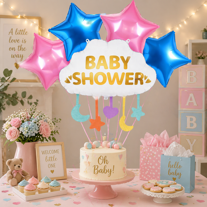 Baby Shower Cloud Shaped Helium Balloon Set of 5 (Supershape Cloud + 2 Gold Star + 2 Silver Star Balloons) | Pre-Inflated & Delivered | Baby Shower Decoration