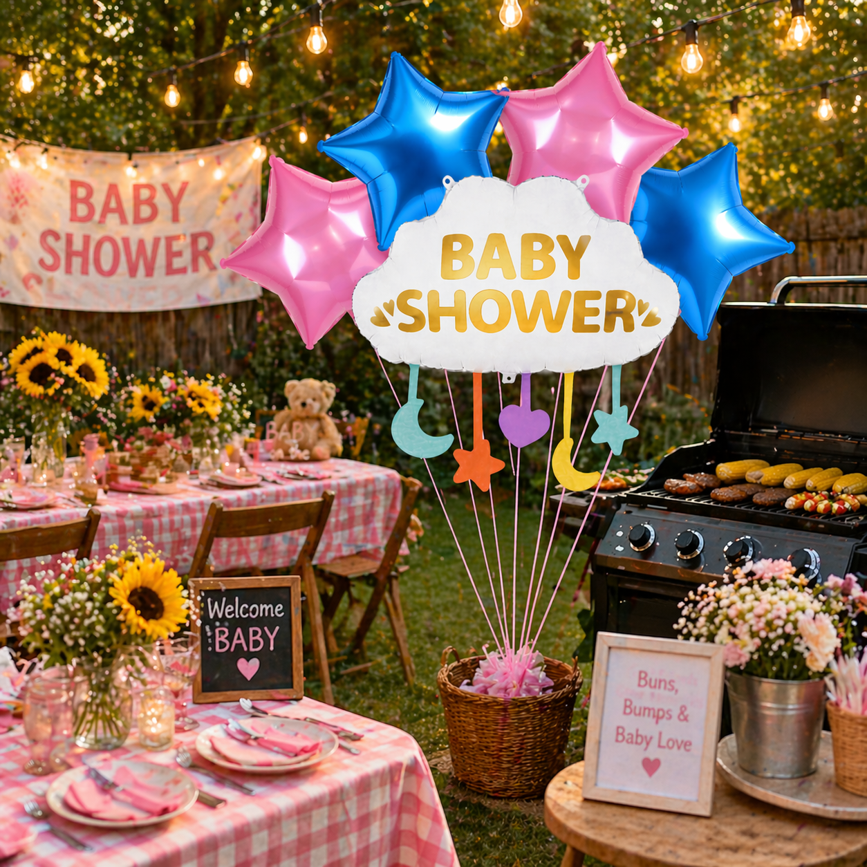 Baby Shower Cloud Shaped Helium Balloon Set of 5 (Supershape Cloud + 2 Gold Star + 2 Silver Star Balloons) | Pre-Inflated & Delivered | Baby Shower Decoration