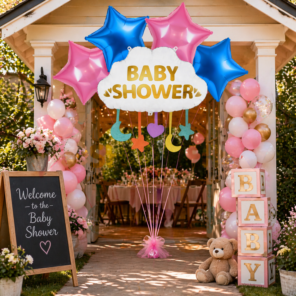 Baby Shower Cloud Shaped Helium Balloon Set of 5 (Supershape Cloud + 2 Gold Star + 2 Silver Star Balloons) | Pre-Inflated & Delivered | Baby Shower Decoration