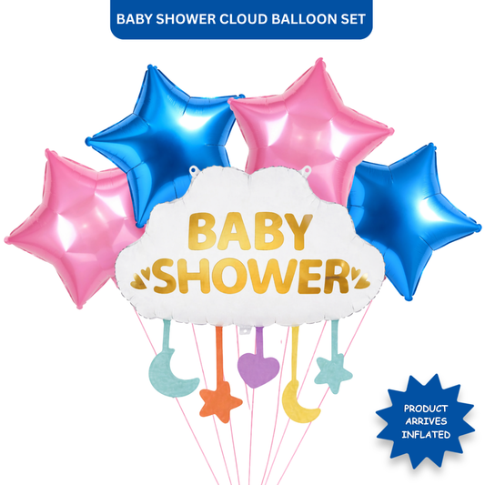 Baby Shower Cloud Shaped Helium Balloon Set of 5 (Supershape Cloud + 2 Gold Star + 2 Silver Star Balloons) | Pre-Inflated & Delivered | Baby Shower Decoration