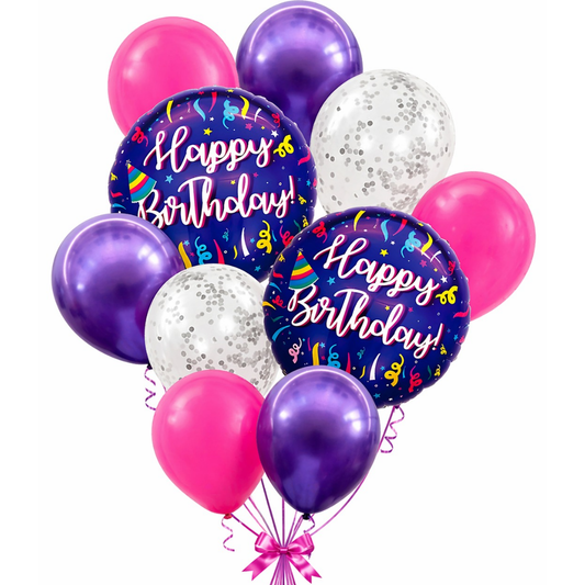 Happy Birthday Purple Fireworks Foil Balloon Set of 10 for Decoration | 2 Purple 18 Inch Foil Balloons + 3 Purple + 3 Hot Pink + 2 Silver Confetti Balloons