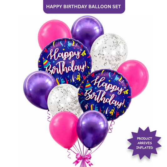 Happy Birthday Purple Fireworks Helium Balloon Set of 10 (2 Purple Foil 18 Inch + 3 Purple + 3 Hot Pink + 2 Silver Confetti Balloons) | Pre-Inflated & Delivered | Birthday Decoration