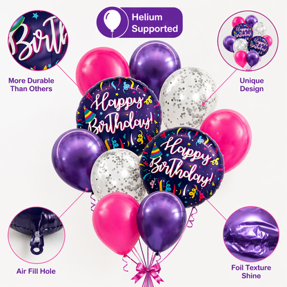 Happy Birthday Purple Fireworks Helium Balloon Set of 10 (2 Purple Foil 18 Inch + 3 Purple + 3 Hot Pink + 2 Silver Confetti Balloons) | Pre-Inflated & Delivered | Birthday Decoration