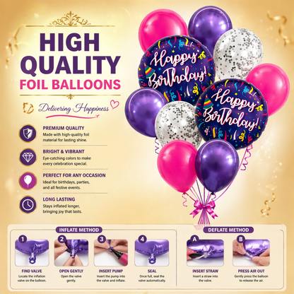 Happy Birthday Purple Fireworks Helium Balloon Set of 10 (2 Purple Foil 18 Inch + 3 Purple + 3 Hot Pink + 2 Silver Confetti Balloons) | Pre-Inflated & Delivered | Birthday Decoration