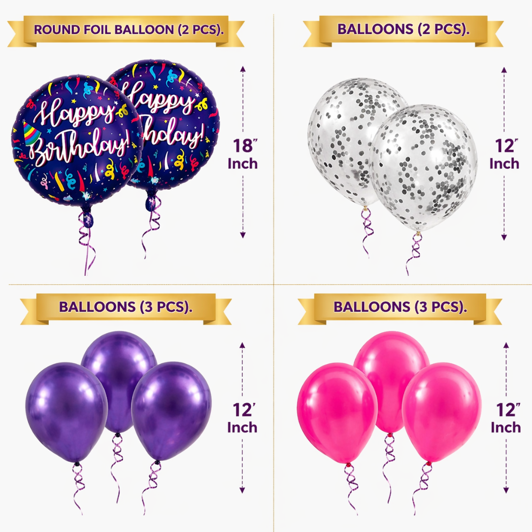 Happy Birthday Purple Fireworks Helium Balloon Set of 10 (2 Purple Foil 18 Inch + 3 Purple + 3 Hot Pink + 2 Silver Confetti Balloons) | Pre-Inflated & Delivered | Birthday Decoration