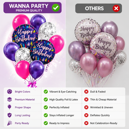Happy Birthday Purple Fireworks Helium Balloon Set of 10 (2 Purple Foil 18 Inch + 3 Purple + 3 Hot Pink + 2 Silver Confetti Balloons) | Pre-Inflated & Delivered | Birthday Decoration