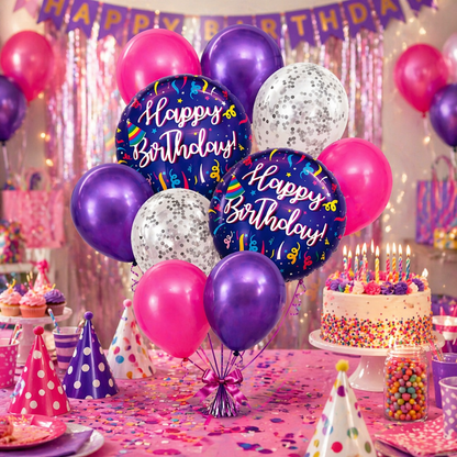 Happy Birthday Purple Fireworks Helium Balloon Set of 10 (2 Purple Foil 18 Inch + 3 Purple + 3 Hot Pink + 2 Silver Confetti Balloons) | Pre-Inflated & Delivered | Birthday Decoration
