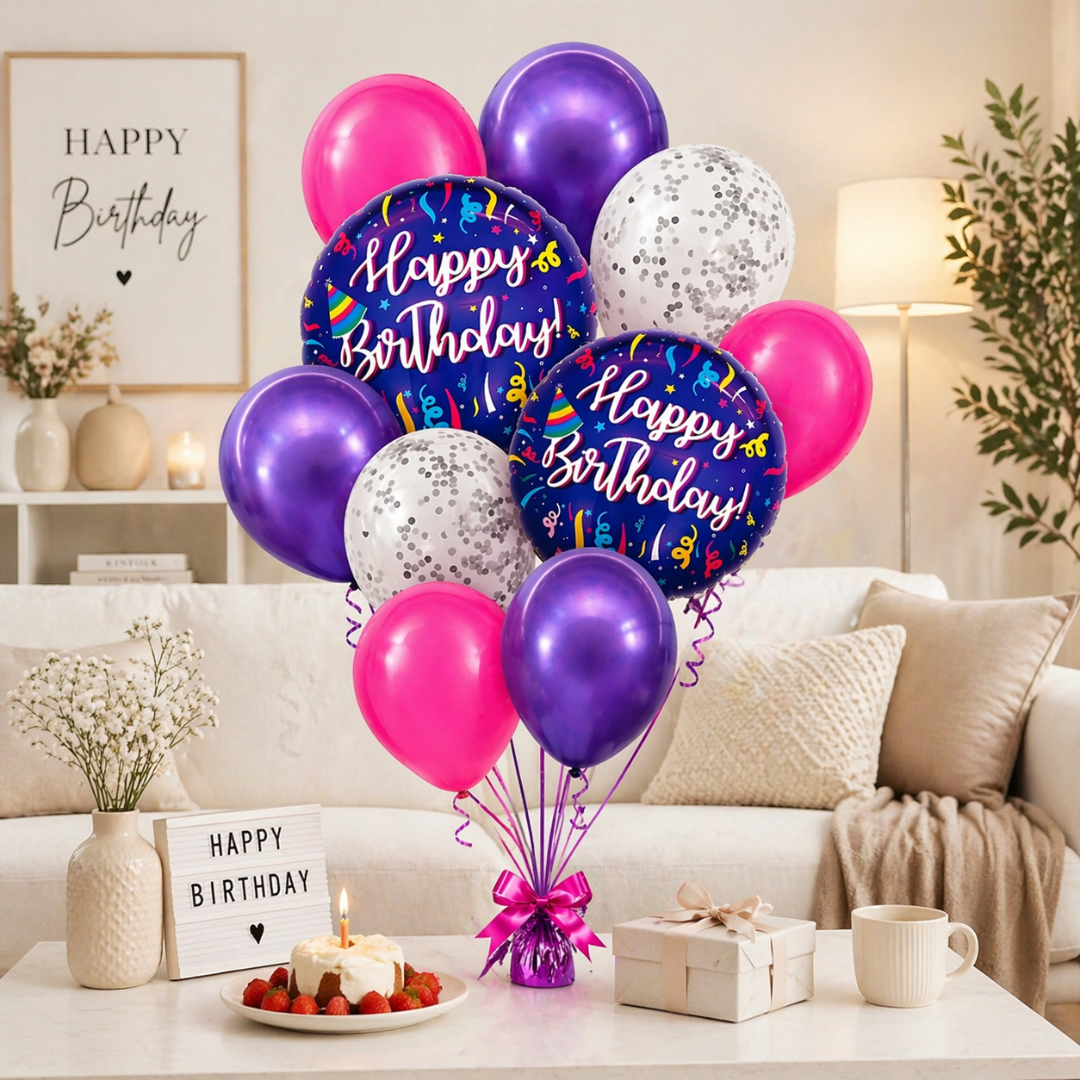 Happy Birthday Purple Fireworks Foil Balloon Set of 10 for Decoration | 2 Purple 18 Inch Foil Balloons + 3 Purple + 3 Hot Pink + 2 Silver Confetti Balloons