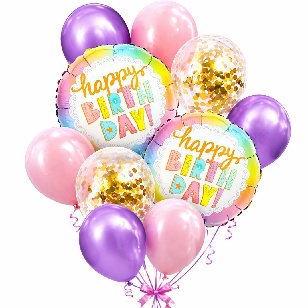 Happy Birthday Colorful Helium Balloon Set of 10 (2 Round Foil 18 Inch + 3 Lavender + 3 Light Pink + 2 Gold Confetti Balloons) | Pre-Inflated & Delivered | Birthday Decoration