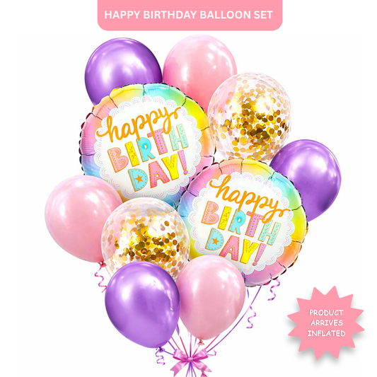 Happy Birthday Colorful Helium Balloon Set of 10 (2 Round Foil 18 Inch + 3 Lavender + 3 Light Pink + 2 Gold Confetti Balloons) | Pre-Inflated & Delivered | Birthday Decoration