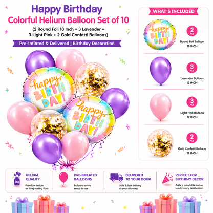 Happy Birthday Colorful Helium Balloon Set of 10 (2 Round Foil 18 Inch + 3 Lavender + 3 Light Pink + 2 Gold Confetti Balloons) | Pre-Inflated & Delivered | Birthday Decoration