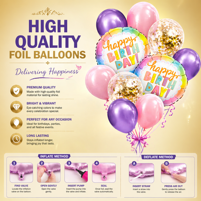 Happy Birthday Colorful Helium Balloon Set of 10 (2 Round Foil 18 Inch + 3 Lavender + 3 Light Pink + 2 Gold Confetti Balloons) | Pre-Inflated & Delivered | Birthday Decoration