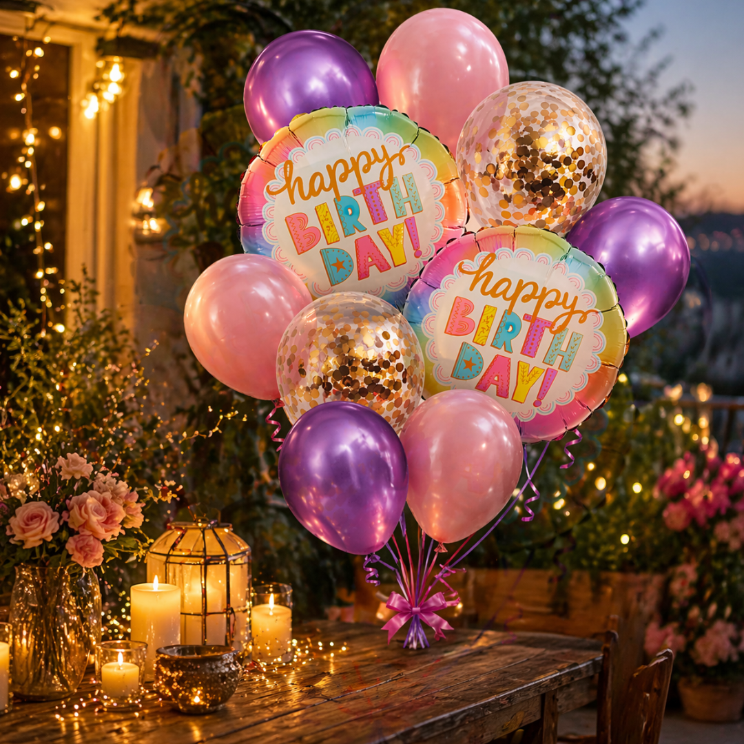 Happy Birthday Colorful Helium Balloon Set of 10 (2 Round Foil 18 Inch + 3 Lavender + 3 Light Pink + 2 Gold Confetti Balloons) | Pre-Inflated & Delivered | Birthday Decoration